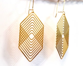 Art Deco Earrings Geometric Abstract Rhombus Drop gold brass geo modern minimalist dangle statement elegant  gift for her Mother sister