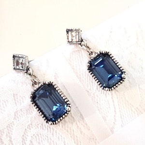 Vintage Art Deco Style Sapphire Crystal Earrings bridal silver geometric rectangle montana blue square retro chic antique Gatsby wedding