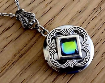 Silver Four Leaf Clover Locket: Vintage Bermuda Blue Gem, Irish Celtic Necklace