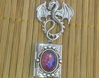 Dragon Book Locket Necklace Gothic Daenerys Mother of Dragons oval Dragon's Breath Mexican Opal Rectangular Silver magic fantasy art