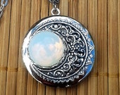 Lunette - Moon inspired silver locket with vintage glass moon stone - lunar crescent moon necklace