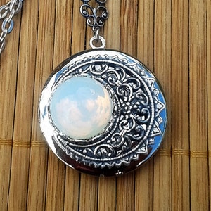 Lunette - Moon inspired silver locket with vintage glass moon stone - lunar crescent moon necklace