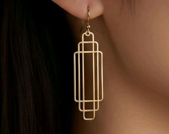 Art Deco Brass Drop Earrings: Geometric Modernist Statement Jewelry
