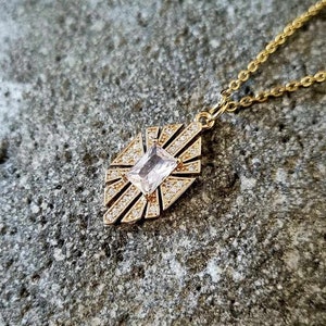 Art Deco Gold Necklace: Rectangle Cubic Zirconia Pendant