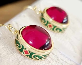 Vintage Find - Oval Ruby Red Carnelian Earrings gold drop green cloisonne enamel ethnic tribal retro bohemian boho gypsy goddess jewellery