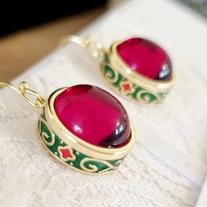 Vintage Ruby Red Carnelian Earrings: Gold Green Enamel Boho Jewelry