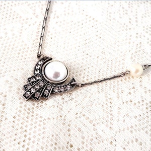 Vintage Art Deco Style Silver Necklace pearl crystals geometric pendant retro antique statement jewelry great gatsby white pearls Christmas
