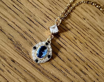 Tiny Dainty Edwardian Style Blue Crystal Necklace: Gold Plated Vintage inspired Pendant