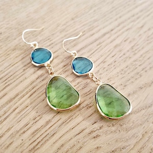 Art Deco Style Seafoam Green Ocean Blue Gold Earrings statement long geometric retro glass crystals pastel delicate bridal irregular stone