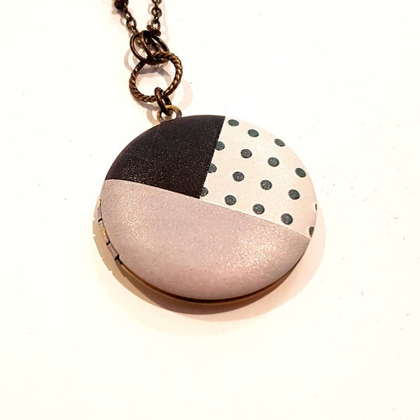 Vintage Locket Monochrome Geometric Textured Pattern Bronze Pendant Necklace polka dots block pattern black white grey photo keepsake