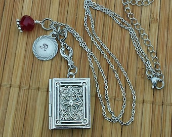 Book Locket with Birthstone and Initial Silver Necklace - ornate rectangle monogram Czech crystal stainless steel bff Valentine's Day