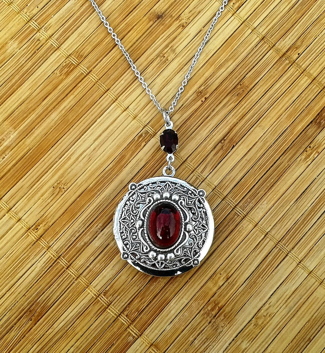 Gs Names Lockets Victorian Style Silver Locket Necklace: Red Czech Glass Garnet, January ...