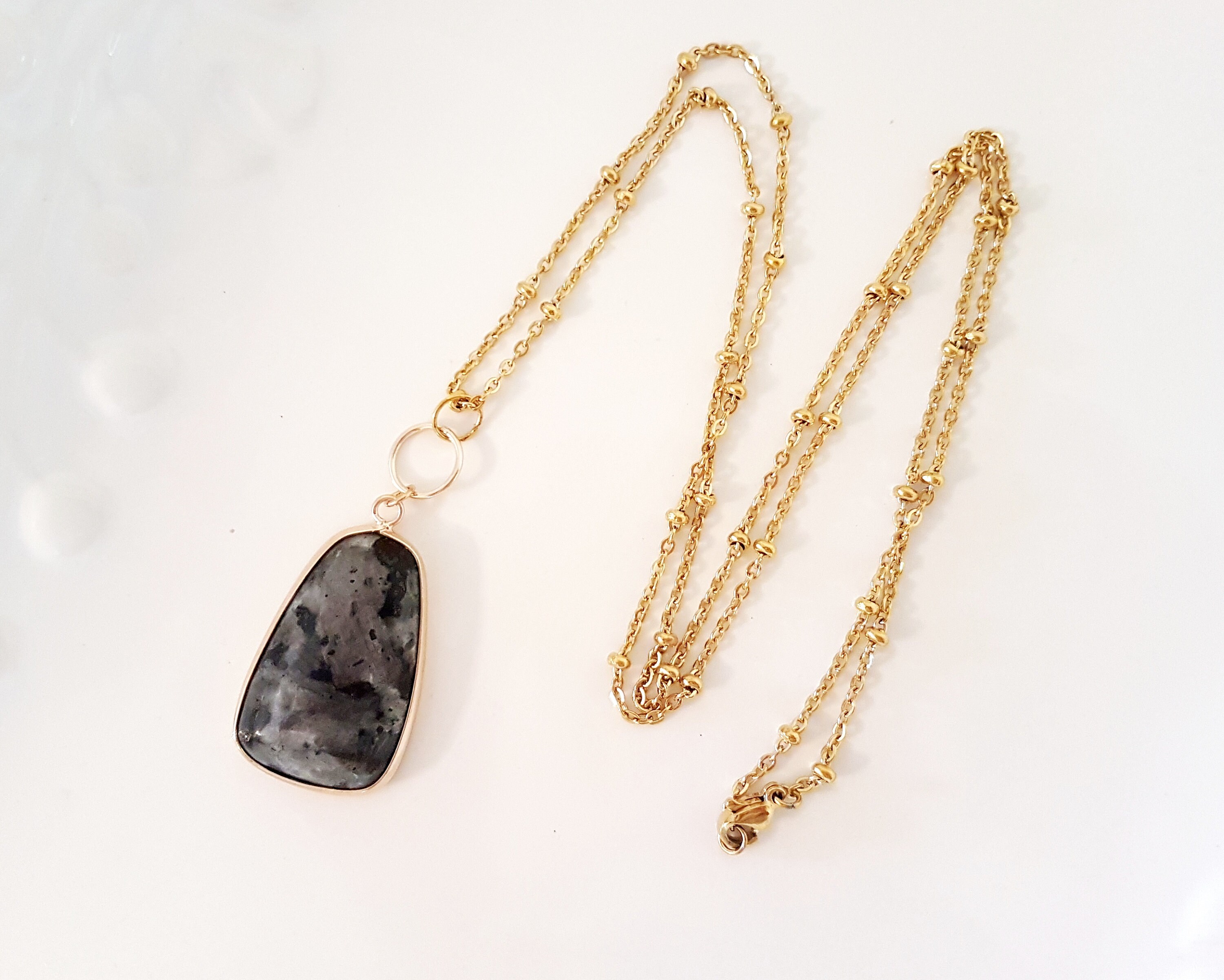 Larvikite Stone Necklace: Gold Plated Bezel, Stainless Steel Chain
