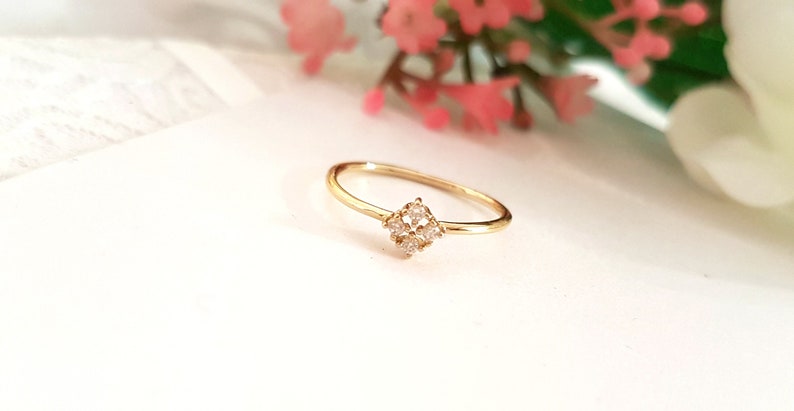 Tiny Dainty Gold Four Leaf Clover Ring delicate flower floral Irish Celtic Shamrock stacking ring stackable ring minimalist geometric square