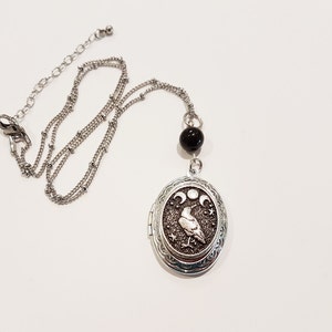 Triple Moon Raven Goddess Oval Silver Locket - pagan witch witchcraft occult crow black maiden mother crone Wicca jewelry gothic vintage