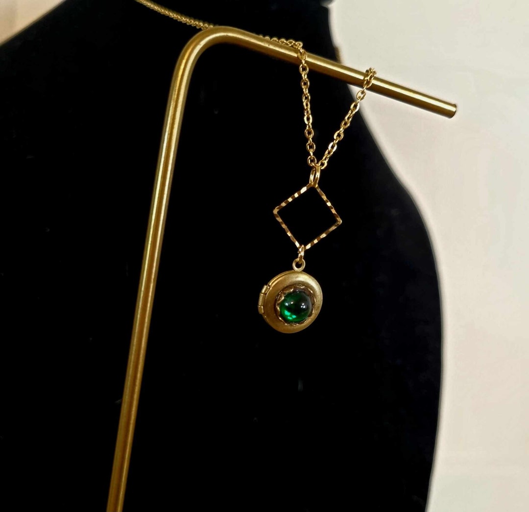 Vintage Brass Locket Necklace: Emerald Green Czech Glass Gem - Etsy