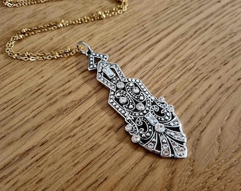 Große Art Deco Statement Halskette: Silber Kristall Anhänger, Gold Edelstahl Kette