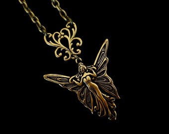 Art Nouveau Fairy Necklace: Vintage Style Brass Pendant