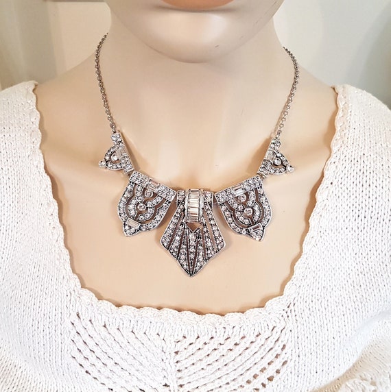 Vintage Art Deco Crystal Necklace: Silver Statement Jewelry, Gatsby Wedding