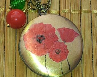 Red Poppies Vintage Bronze Round Locket Necklace flowers nature floral mothers day christmas military grandmother remembrance poppy flower