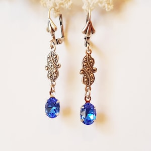 Dainty Vintage Swarovski Sapphire Blue Crystal Drop Earrings - victorian style september birthstone sterling silver plated tiny small
