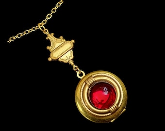 Art Deco Gold Locket Necklace: Vintage Style Raw Brass, Czech Red Glass Ruby
