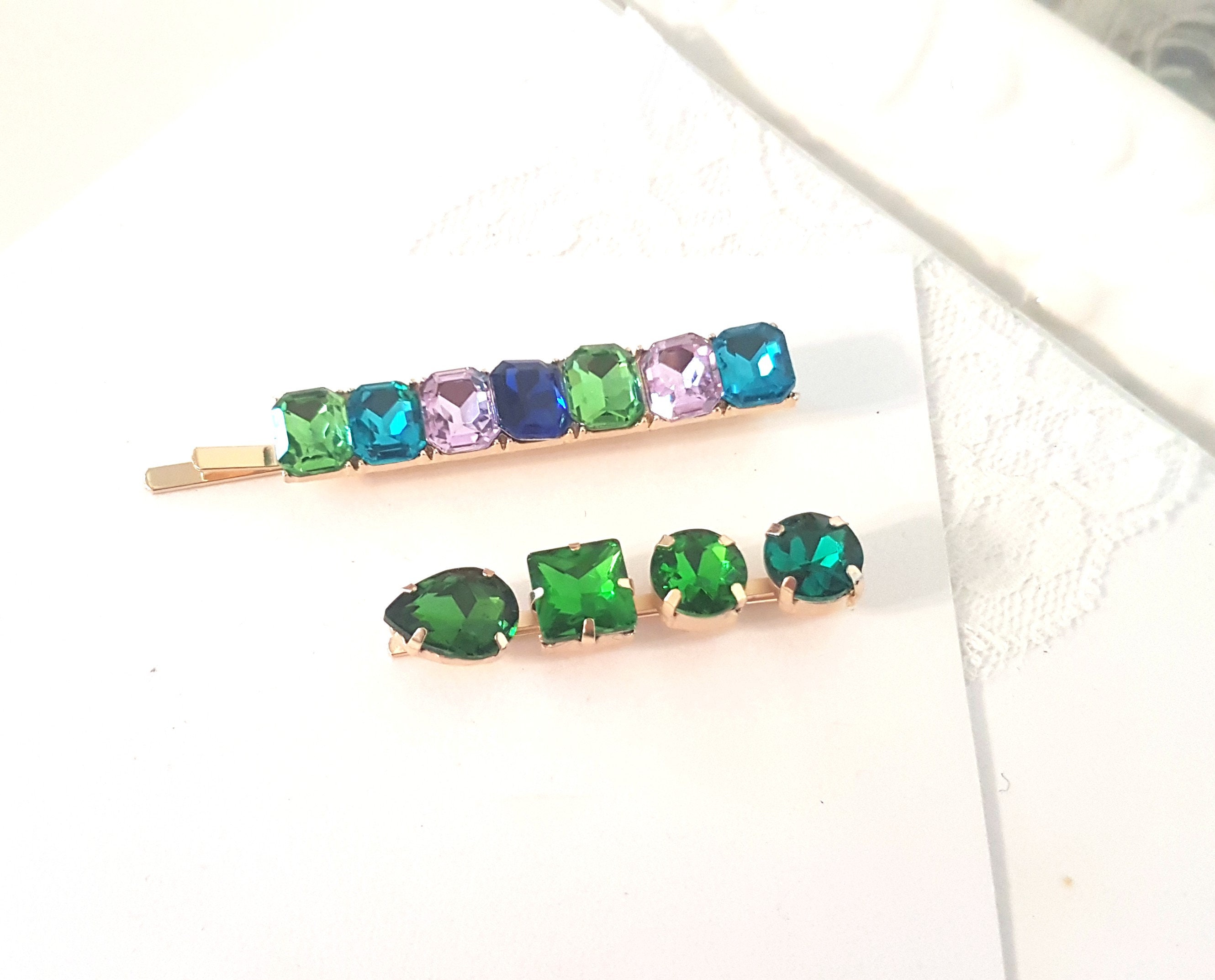 Ocean Emeralds Vintage Art Deco Style Crystal Set Bobby Pins Etsy