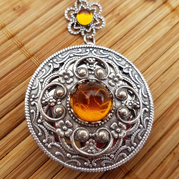 Autumn Sunset Locket - round silver filigree and glass amber gem - yellow topaz november birthstone wedding bridal bridesmaid floral fall