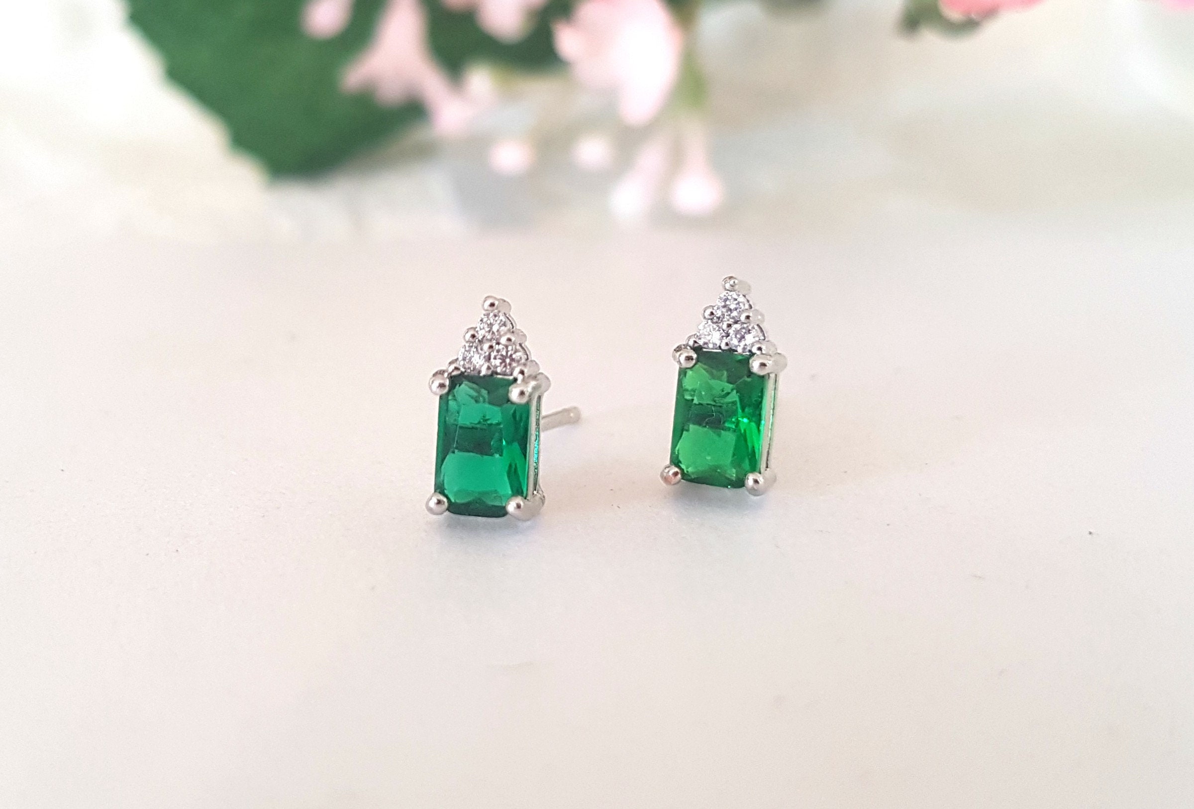 Tiny Silver Emerald Green Stud Earrings Cubic Zirconia Dainty Etsy