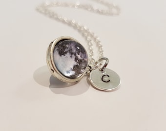 Glass Orb Moon Necklace: Sterling Silver Initial Tag, Galaxy Jewelry