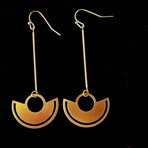Moon Pendulum Earrings geometric Art Deco minimalist gold brass slim long bar statement earrings crescent semicircle half circle abstract