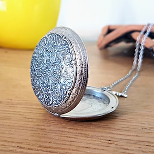 Vintage Style Locket Large Round Silver Art Nouveau Necklace floral long chain big prayer box antique retro leaves vines embossed keepsake