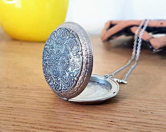 Vintage Style Locket Large Round Silver Art Nouveau Necklace floral long chain big prayer box antique retro leaves vines embossed keepsake