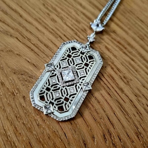 Art Deco Silver Pendant Necklace: Mother of Pearl & Cubic Zirconia