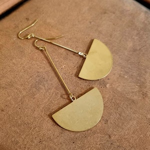 Art Deco Brass Moon Earrings: Geometric Dangle Statement Jewelry