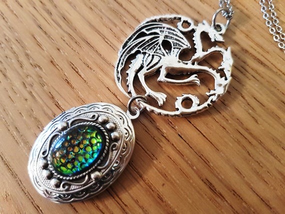 Dragon Dance Silver Oval Locket Green Scales Fantasy Necklace Mythical Gothic Serpent Snake Skin Daenerys Mother of Dragons Fire Fierce Etsy