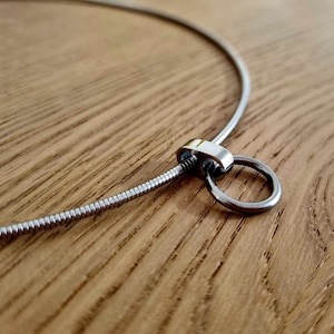 Könnte beinhalten: Eine silberne Kettenkette mit einem silbernen Ringanhänger. Die Kette besteht aus kleinen, miteinander verbundenen Metallringen.