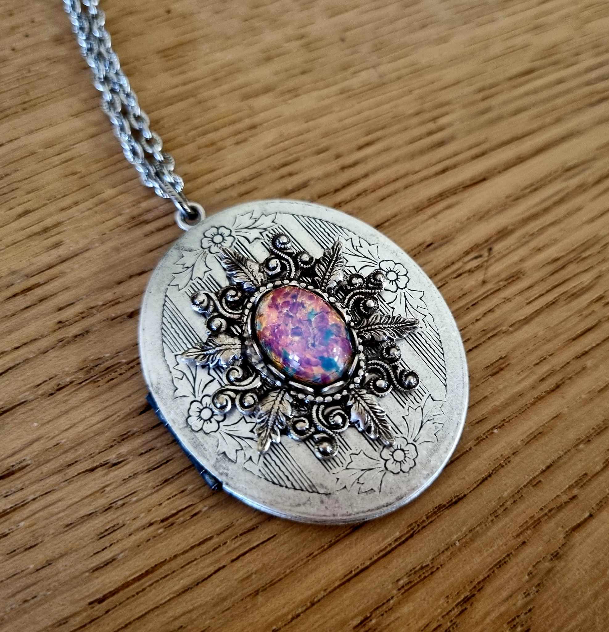 Vintage Style Locket Necklace: Silver Filigree, Fire Opal, Victorian Pendant