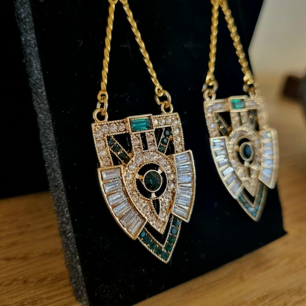 Pendientes Art Déco vintage de cristal esmeralda: colgante geométrico dorado con forma de araña