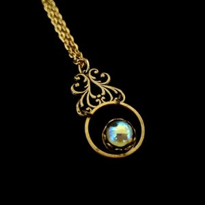 Victorian Revival Art Nouveau Necklace: Gold Filigree Pendant, Aurora Borealis Gem
