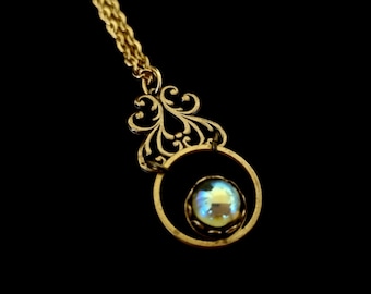 Tiny Victorian Revival Art Nouveau Necklace: Gold Filigree Pendant, Aurora Borealis Gem