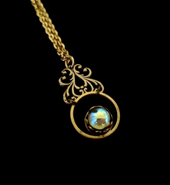 Tiny Victorian Revival Art Nouveau Necklace: Gold Filigree Pendant, Aurora Borealis Gem