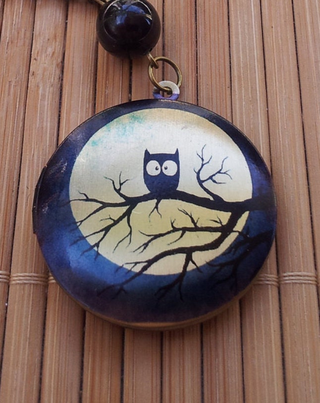 Midnight Owl Vintage Bronze Locket full round harvest moon bird night whimsical Halloween Witch tree