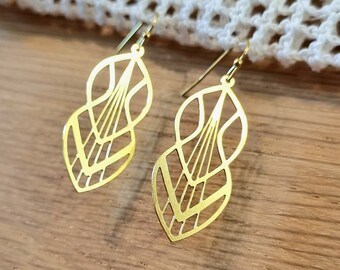 Gold Art Deco Drop Earrings: Geometric Laser Cut Urban Brass
