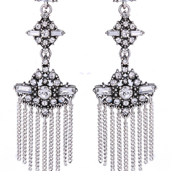 Vintage Art Deco Style Earrings Gatsby wedding Chandelier long statement crystal drops chain tassel flapper geometric crystals retro antique