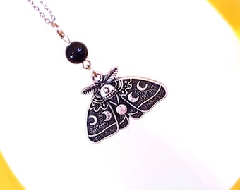 Triple Moon Moth Necklace: Vintage Silver Lunar Goddess Amulet