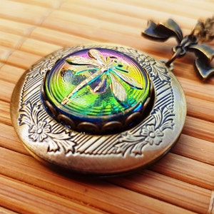 Vintage Style Bronze Dragonfly Locket Czech Glass Button Necklace antique green purple bow floral insect jewelry emerald amethyst retro