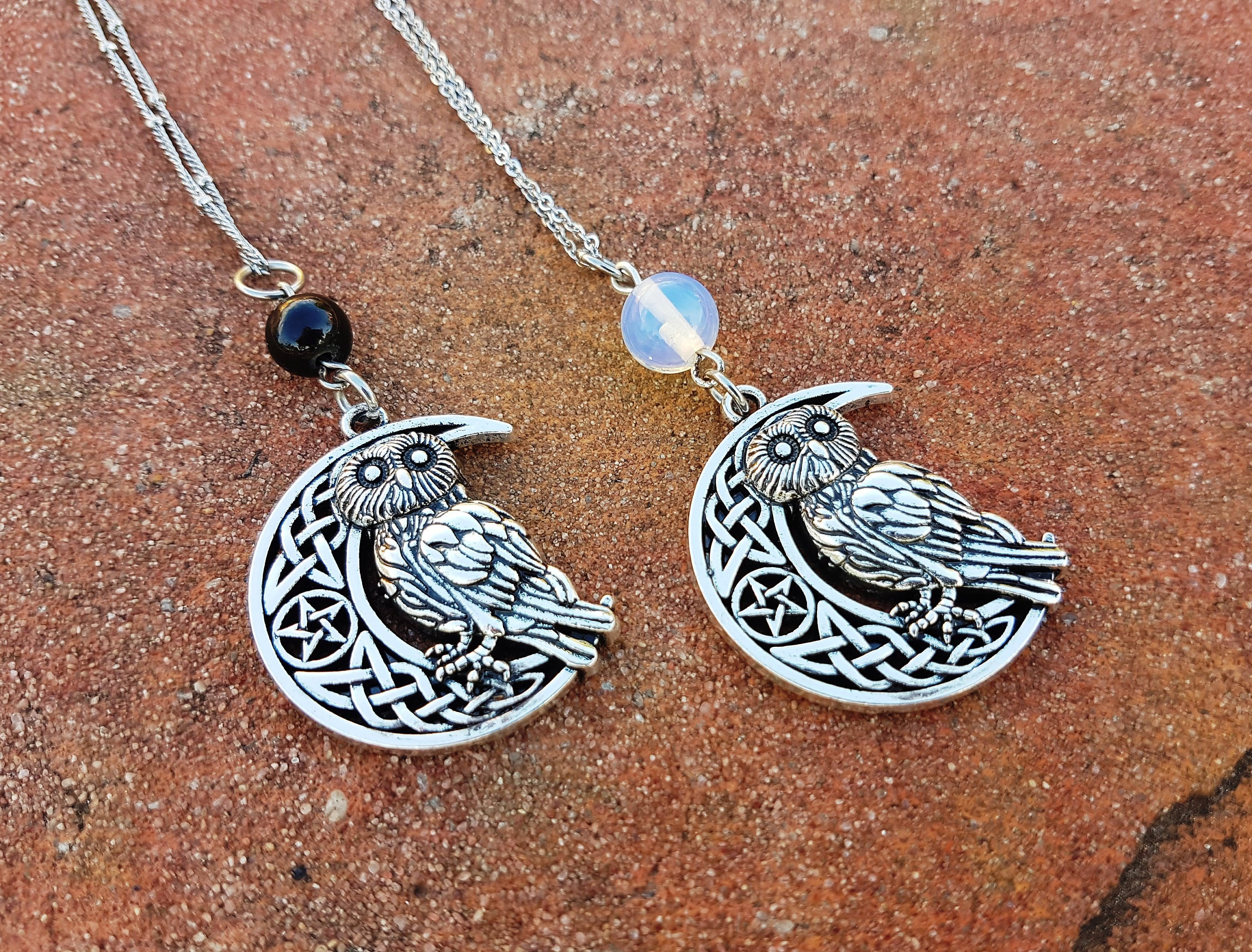 Owl and Crescent Moon Pentacle Necklace: Celtic Knot Witchcraft Pendant