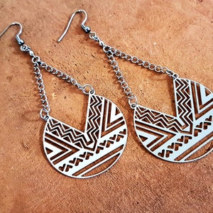 Silver Tribal Aztec Inca Long Silver Earrings stainless steel boho bohemian ethnic statement cultural jewelry large geometric pattern