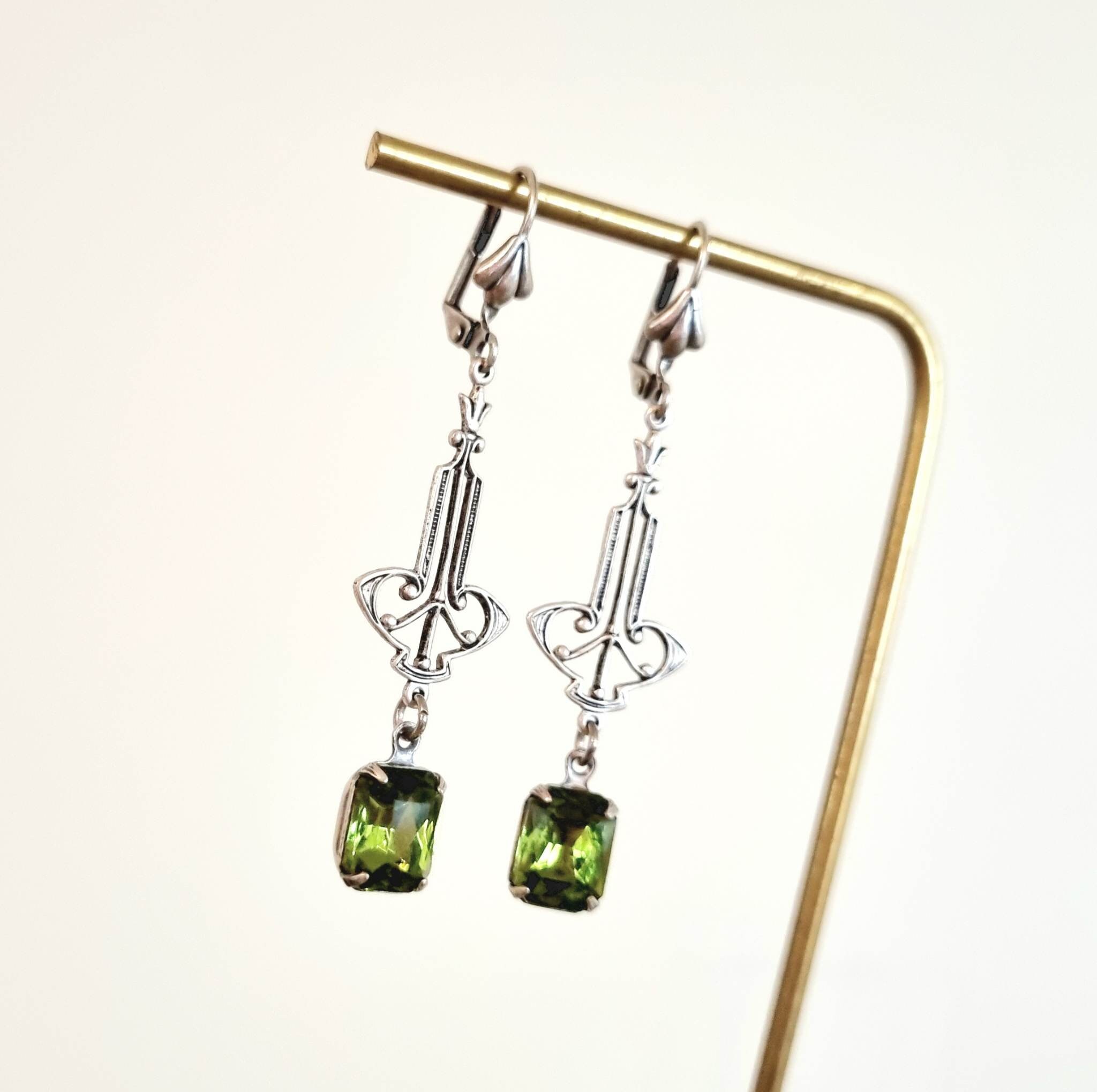 Vintage Style Art Deco Silver Earrings with Swarovski Olivine crystals - long geometric retro square rectangle peridot olive green dangle